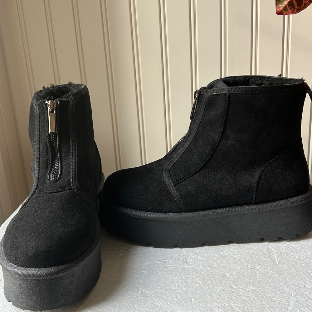 Rouge Helium Platform Black Suede Ankle Boots ZipUp front faux fur lined size 8 - Picture 6 of 17